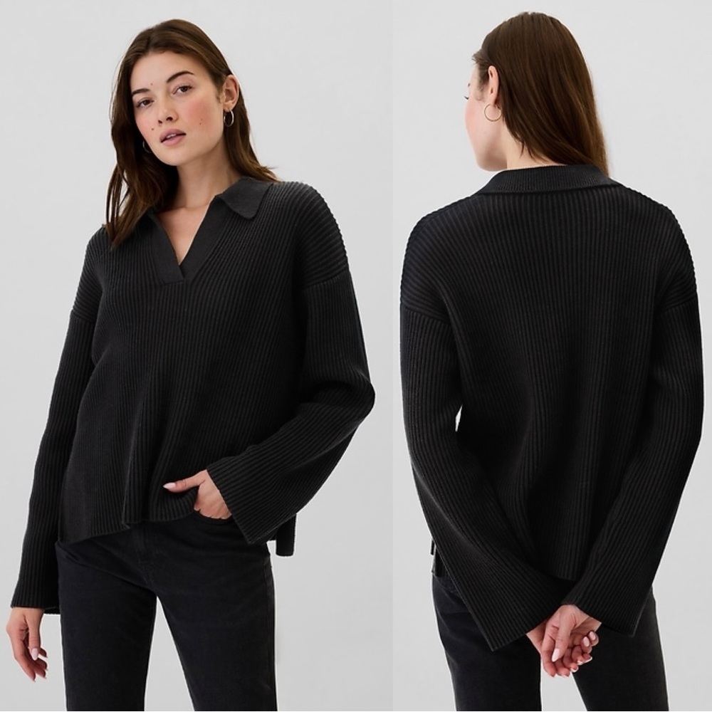 GAP Black Chunky Ribbed Polo Pullover